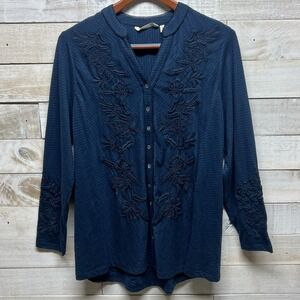 Soft Surroundings Tunic Top Womens Large Blue‎ Floral Embroidered Button Up
